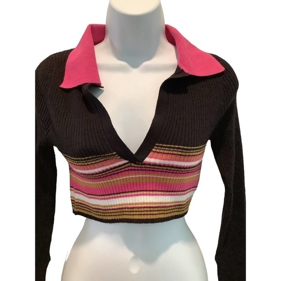 URBAN OUTFITTERS LONG SLEEVE KNIT LIGHTWEIGHT STRIPED V NECK CROP SWEATER M NWT - Picture 1 of 9